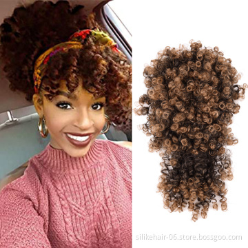 Wholesale Hair Pieces Short Brown Pony Tail Warp Bun Afro Kinky Curly Wig Ponytail Chignon With Bang Synthetic Hair Extensions